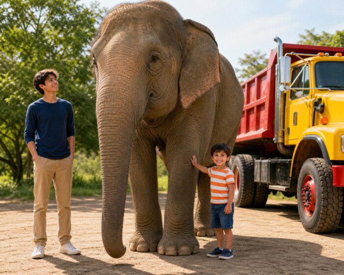 Two boys stand beside an elephant, with one touching it, in front of a yellow and red dump truck