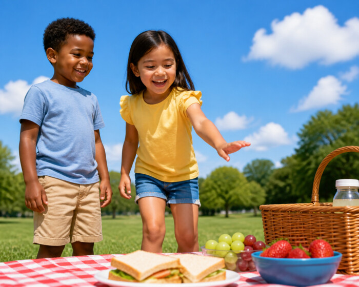 Two children reach toward a picnic spread with sandwiches, grapes, strawberries, and a basket in a sunny park