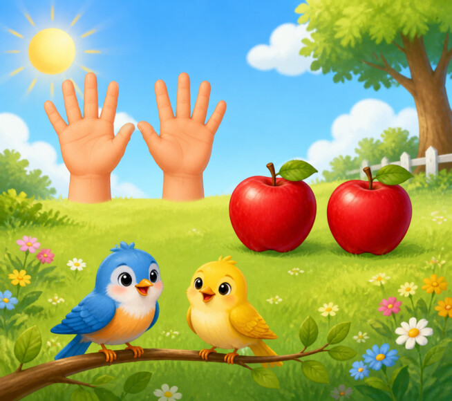 Two colorful birds perch on a branch in a sunny meadow with two apples, raised hands, and a tree in the background
