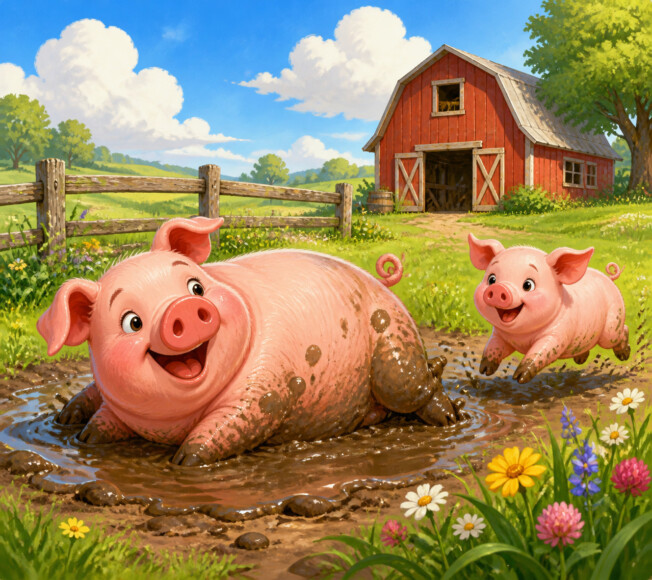 Two pigs splash and play in a muddy puddle beside a red barn on a sunny farm