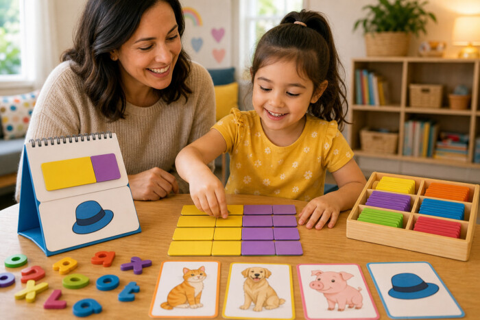 Woman and girl sort colored tiles in a matching game with animal and hat picture cards